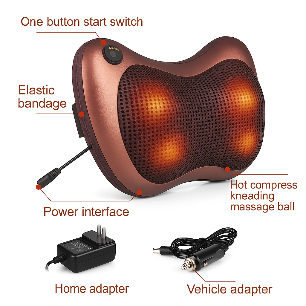 Portable 4-Head Shiatsu Massage Pillow with Heat – Neck & Back Relief